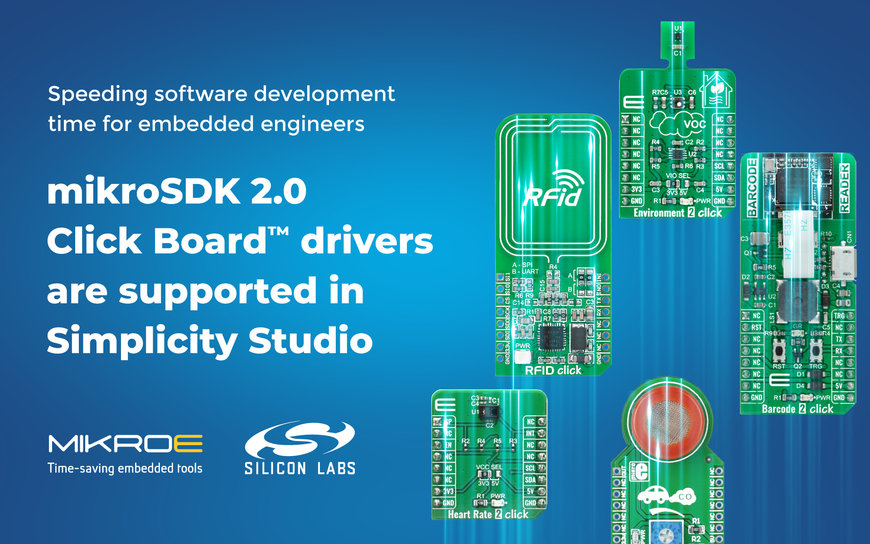 실리콘랩스, 심플리시티 스튜디오에 마이크로일렉트로니카의 mikroSDK 2.0 클릭 보드 드라이버 지원 추가로 임베디드 엔지니어의 소프트웨어 개발시간 단축